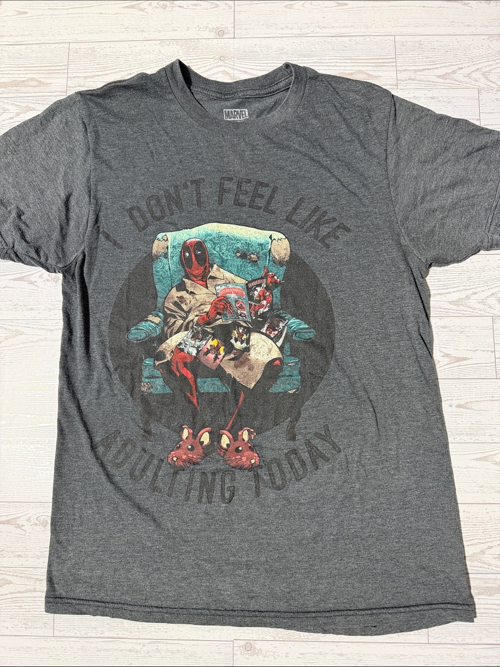 Marvel Deadpool Gray Graphic Tee with Teal and Red Accents